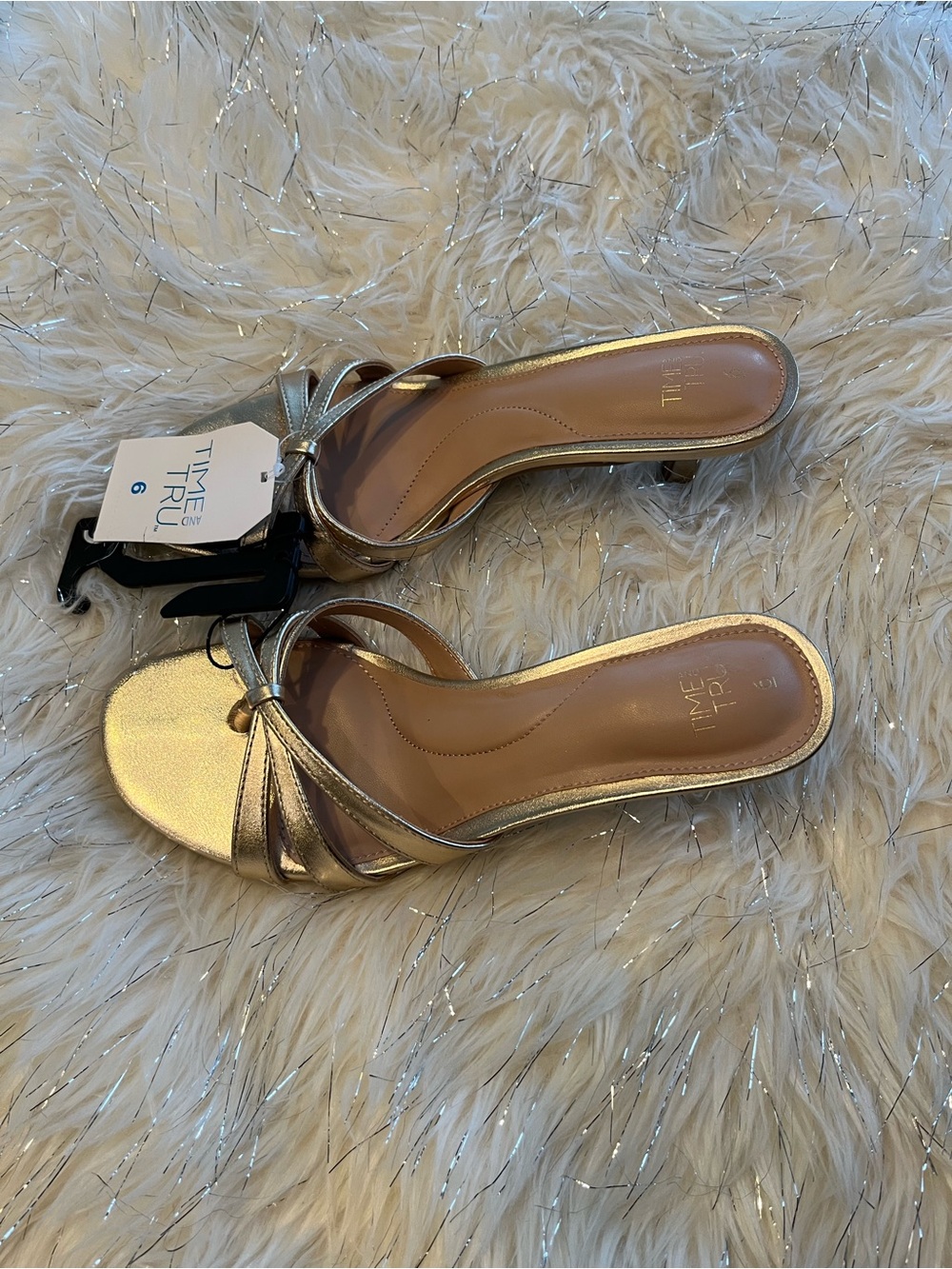Time and Tru Metallic Gold Knot-Front Slide Mules